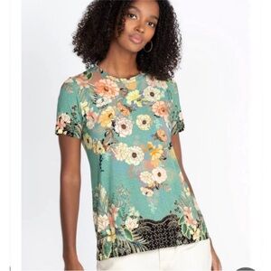 Johnny Was turquoise green Millay floral print top size large